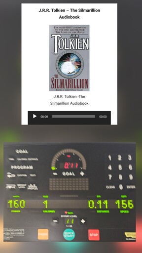 a collage of an image depicting an audio book version of Tolkien's Silmarillion (top) and another image depicting the dashboard of a cross trainer