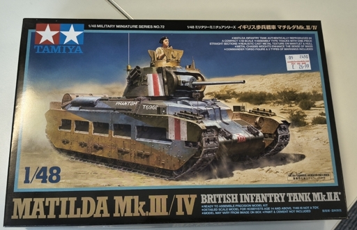A tamiya 1:48 model kit of a Matlida British tank